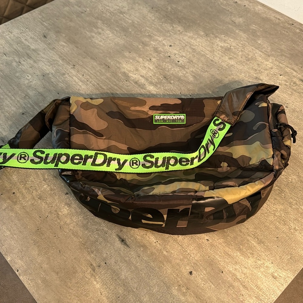 Superdry crossbody bag in Camouflage with neon green accents